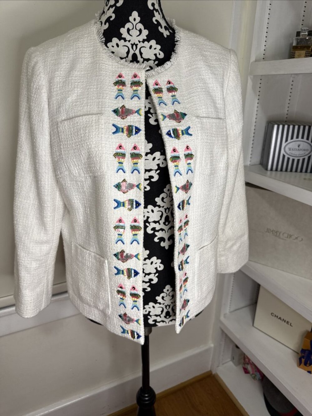 Talbots Womens Embroidered Fish Blazer Size 14P Coastal Beach Island Preppy